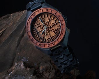 Vegvisir Wooden Watch | Personalized Viking Compass Timepiece | Norse Gift for Men