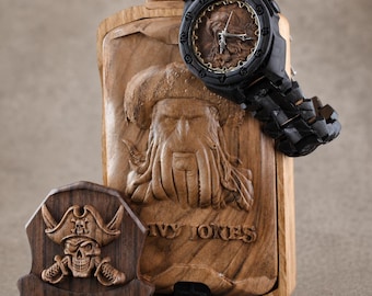 Davy Jones Pirate Wooden Watch Gift Set, Carved Nautical Watch with Beard Comb & Wooden Box, Dark Fantasy Captain Watch, Gift for Him