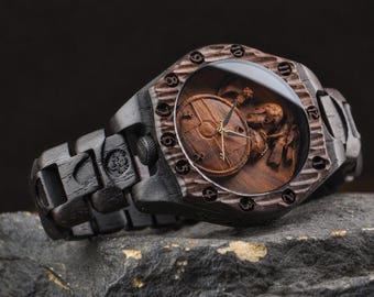 Viking Warrior Wooden Watch, Norse Shield Carved Dial, Personalized Nordic Gift