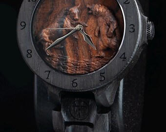 Bear and Bull Wooden Watch, Carved Wildlife Animal Timepiece, Black Bog Oak, Personalized Gift