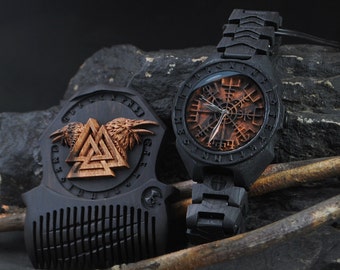 Ensemble VEGVISIR en édition limitée | Peigne en bois Valknut et Corbeaux | Montre celtique en bois pour hommes | Bijoux de style nordique | Montre-bracelet pour hommes |