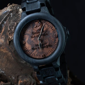 Lonely Wolf Wooden Watch - Engraved Bog Oak Timepiece - Personalized Gift for Men