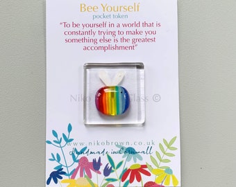 Be Yourself Pocket token, fused glass bumble Bee keepsake gift, handmade in Cornwall by Niko Brown