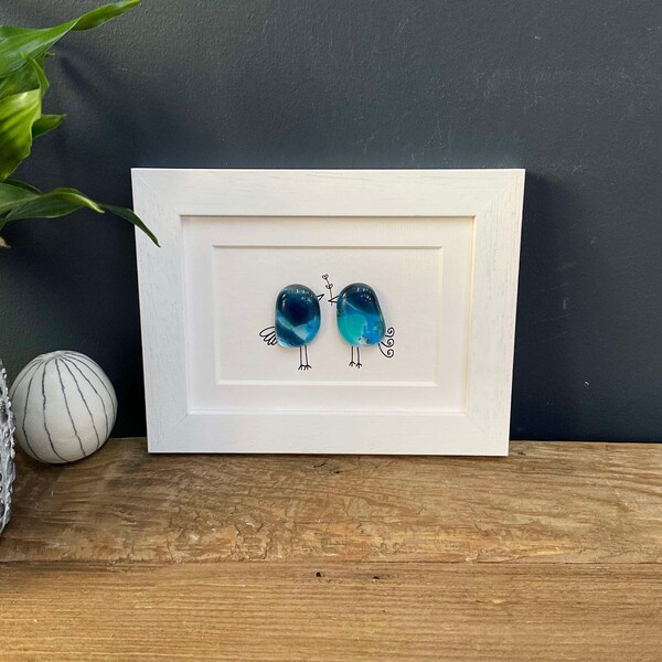 Framed Sweet Tweet Fused Glass 2 Bird Family Love Pebble Gift Picture made in Cornwall by Niko Brown