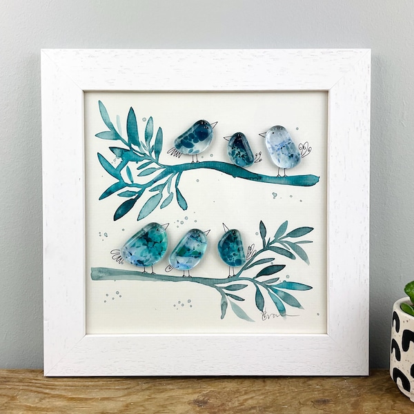 Fused glass Birds on a Branch colourful painting - hand finished wall art. Made in Cornwall by Niko Brown