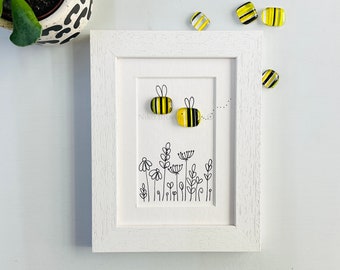 Framed Sweet Bees fused glass bee garden pebble picture made in Cornwall by Niko Brown