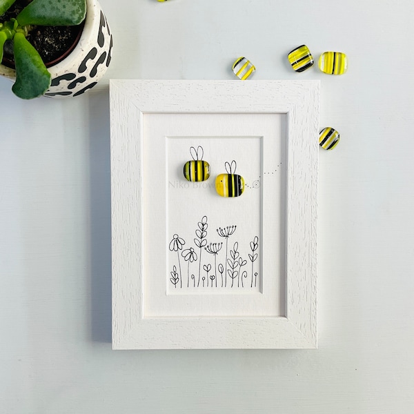 Framed Sweet Bees fused glass bee garden pebble picture made in Cornwall by Niko Brown