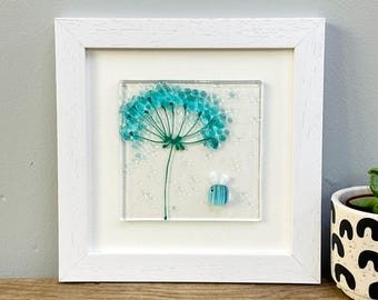 Glass bee wall art - framed fused glass flower and bee picture Bee on the Brightside handmade in Cornwall by Niko Brown