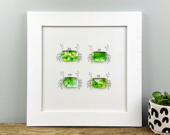 Glass crab wall art - framed fused glass pebble picture handmade in Cornwall by Niko Brown