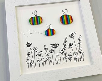 Glass bee wall art - framed fused glass be yourself pebble picture handmade in Cornwall by Niko Brown