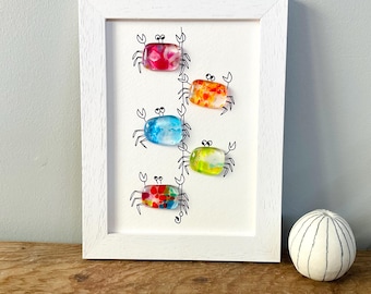 Glass crab wall art - framed fused glass pebble picture handmade in Cornwall by Niko Brown