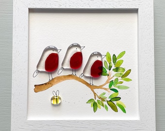 Glass Robin wall art - framed fused glass pebble picture handmade in Cornwall by Niko Brown