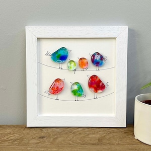 Glass bird wall art - framed fused glass pebble picture handmade in Cornwall by Niko Brown
