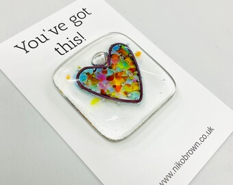 You’ve got this!  Pocket token fused glass heart keepsake gift, handmade in Cornwall by Niko Brown. Unique friendship heart