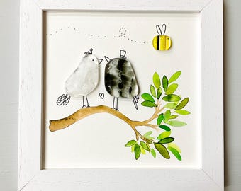 Glass bird wall art - framed fused glass wedding pebble picture bride and groom handmade in Cornwall by Niko Brown