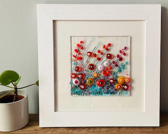 Colourful fused glass wildflower art in white frame - handmade floral wall hanging