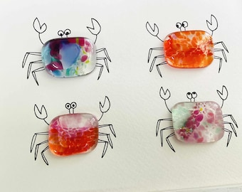 Glass crab wall art - framed fused glass nippers pebble picture handmade in Cornwall by Niko Brown