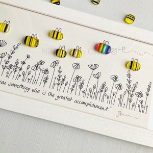Framed long Illustrated Fused Glass Bee Yourself Bee Garden Pebble Picture by Niko Brown