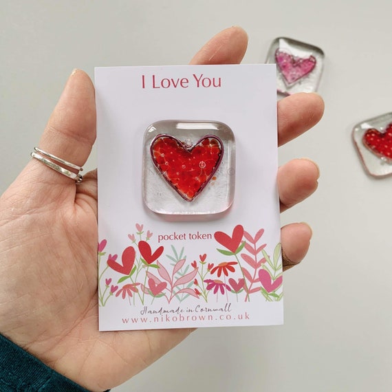 Heart Pocket Token. I Love You Heart Fused Glass Pocket
