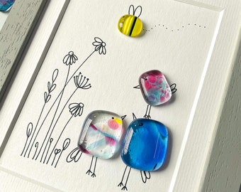 Framed Sweet Tweet Fused Glass Birds and Bee Family Pebble Picture made in Cornwall by Niko Brown