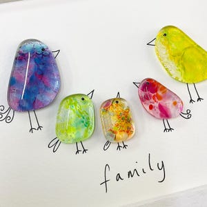 Glass bird wall art - framed fused glass pebble picture bird family handmade in Cornwall by Niko Brown