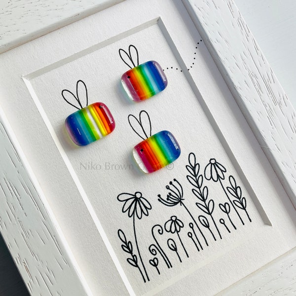 Framed Sweet Bees fused glass rainbow bee garden pebble picture made in Cornwall by Niko Brown