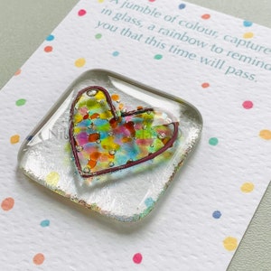 Rainbow fused glass heart pocket hug token. Handmade in Cornwall by Niko Brown. Small miss you friendship gift, add personalised message.