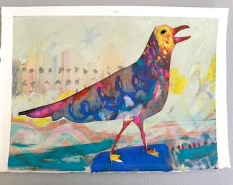 Original mono screen print of Disco Seagull! Bright and colourful painting by Niko