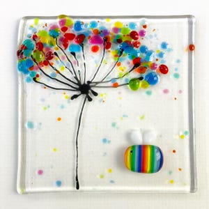Glass bee wall art - framed fused glass flower and bee picture Bee on the Brightside handmade in Cornwall by Niko Brown
