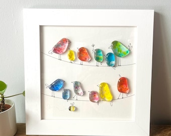 Glass birds wall art - Birds on lines family pebble picture handmade in Cornwall by Niko Brown