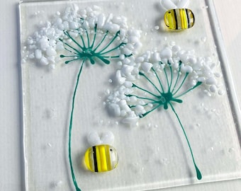 Glass bee wall art - framed fused glass flower and bee picture Bee on the Brightside handmade in Cornwall by Niko Brown