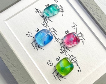 Framed Fused Glass Cornish Crabs Gone Crabbing - Nippers Pebble Picture made in Cornwall by Niko Brown