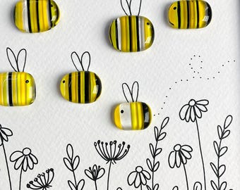 Glass bee wall art - framed fused glass bees pebble picture handmade in Cornwall by Niko Brown