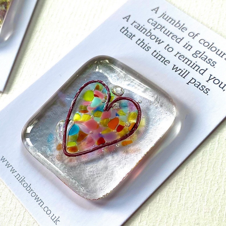 Pocket token fused glass heart keepsake gift. Say I miss you or thinking of you by Niko Brown. Rainbow heart thank you, good luck, love you, 