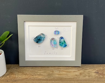 Framed Sweet Tweet Fused Glass Birds and Bee Family Pebble Picture made in Cornwall by Niko Brown