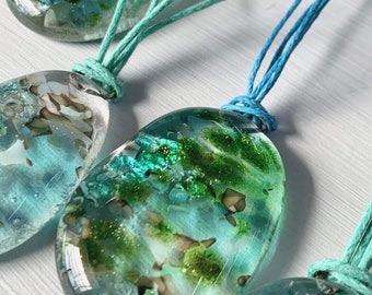 Fused glass Pendant necklace inspired by the shallows of the Cornish coastline, made in Cornwall by Niko Brown