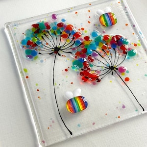 Glass bee wall art - framed fused glass flower and bee picture Bee on the Brightside handmade in Cornwall by Niko Brown