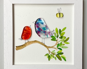 Glass bird wall art - framed fused glass pebble picture bird family handmade in Cornwall by Niko Brown