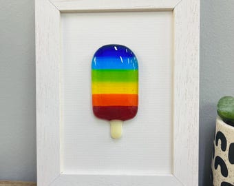 Glass lolly wall art - framed fused glass rainbow lolly handmade in Cornwall by Niko Brown
