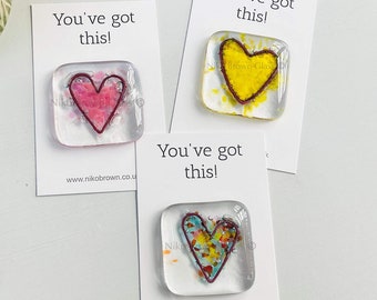 You’ve got this!  Pocket token fused glass heart keepsake gift, handmade in Cornwall by Niko Brown. Unique friendship heart