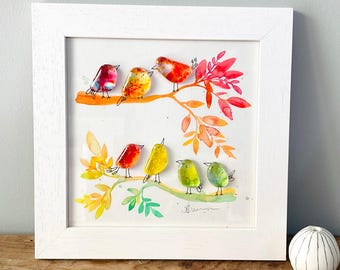 Fused glass Birds on a Branch colourful painting - hand finished wall art. Made in Cornwall by Niko Brown