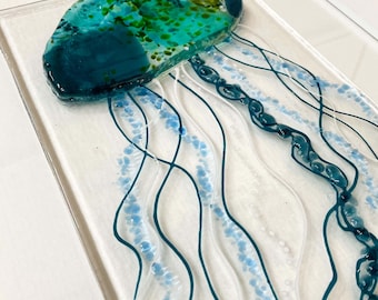 Blue Glass Jellyfish Wall Art. Handmade fused glass jellyfish. Framed coastal decor. Original gift