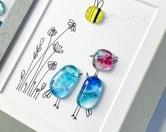 Framed Sweet Tweet Fused Glass Birds and Bee Family Pebble Picture made in Cornwall by Niko Brown