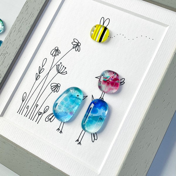 Framed Sweet Tweet Fused Glass Birds and Bee Family Pebble Picture made in Cornwall by Niko Brown