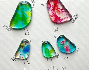 Glass birds wall art family - Birds on lines family pebble picture handmade in Cornwall by Niko Brown