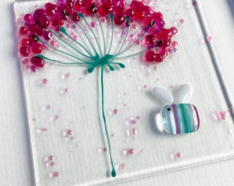 Glass bee wall art - framed fused glass flower and bee picture Bee on the Brightside handmade in Cornwall by Niko Brown