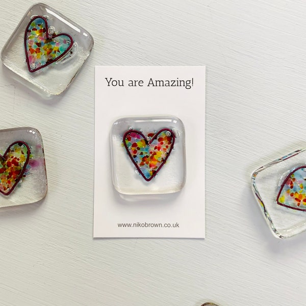 Pocket token fused glass heart keepsake gift. Say you are Amazing! Made in Cornwall by Niko Brown. Rainbow heart. Support Thank You