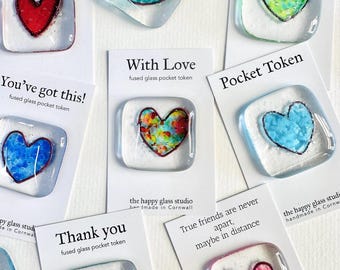 Glass pocket token with message - fused glass heart token handmade in Cornwall by Niko Brown