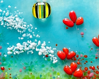 Fused glass red flowers field with bee art in white frame - handmade floral wall hanging