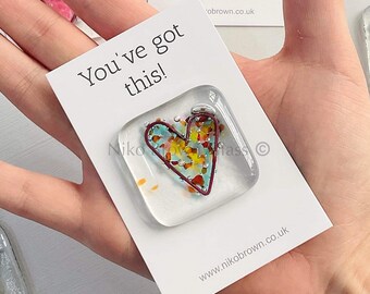 You’ve got this!  Pocket token fused glass heart keepsake gift, handmade in Cornwall by Niko Brown. Unique friendship heart